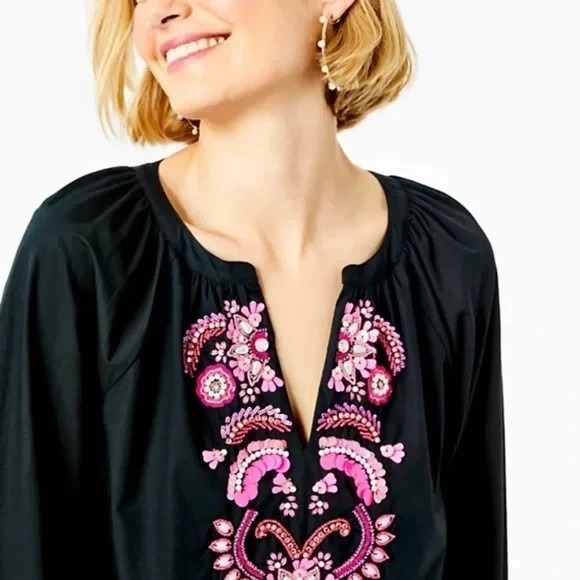 Lilly Pulitzer NWT Iva‎ Onyx Black Sequin Embellished Tunic Blouse Size XXS - Picture 2 of 9
